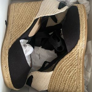ALDO. MUSCHETTA WOVEN ESPADRILLE WEDGE HEELS IN BLACK